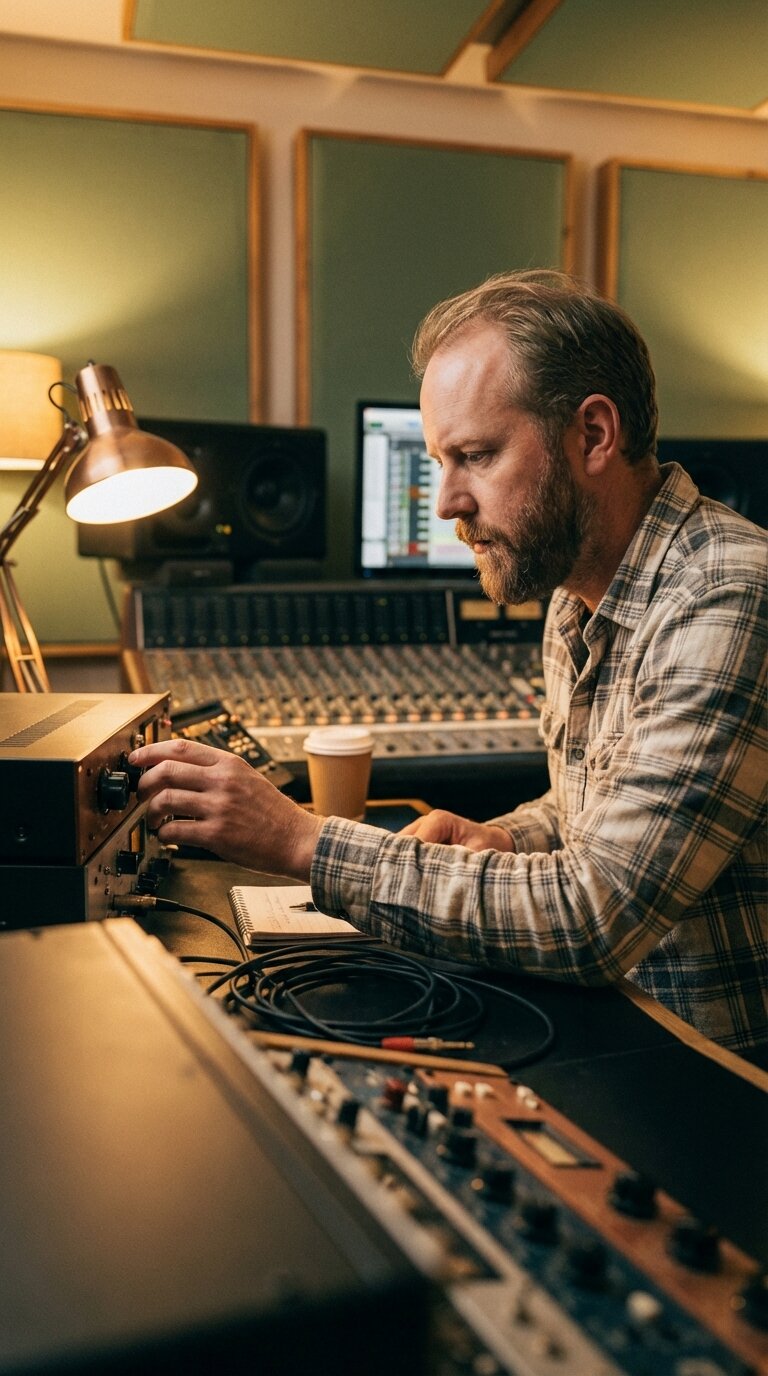 Andy Giles working at the mixing console in a live recording session