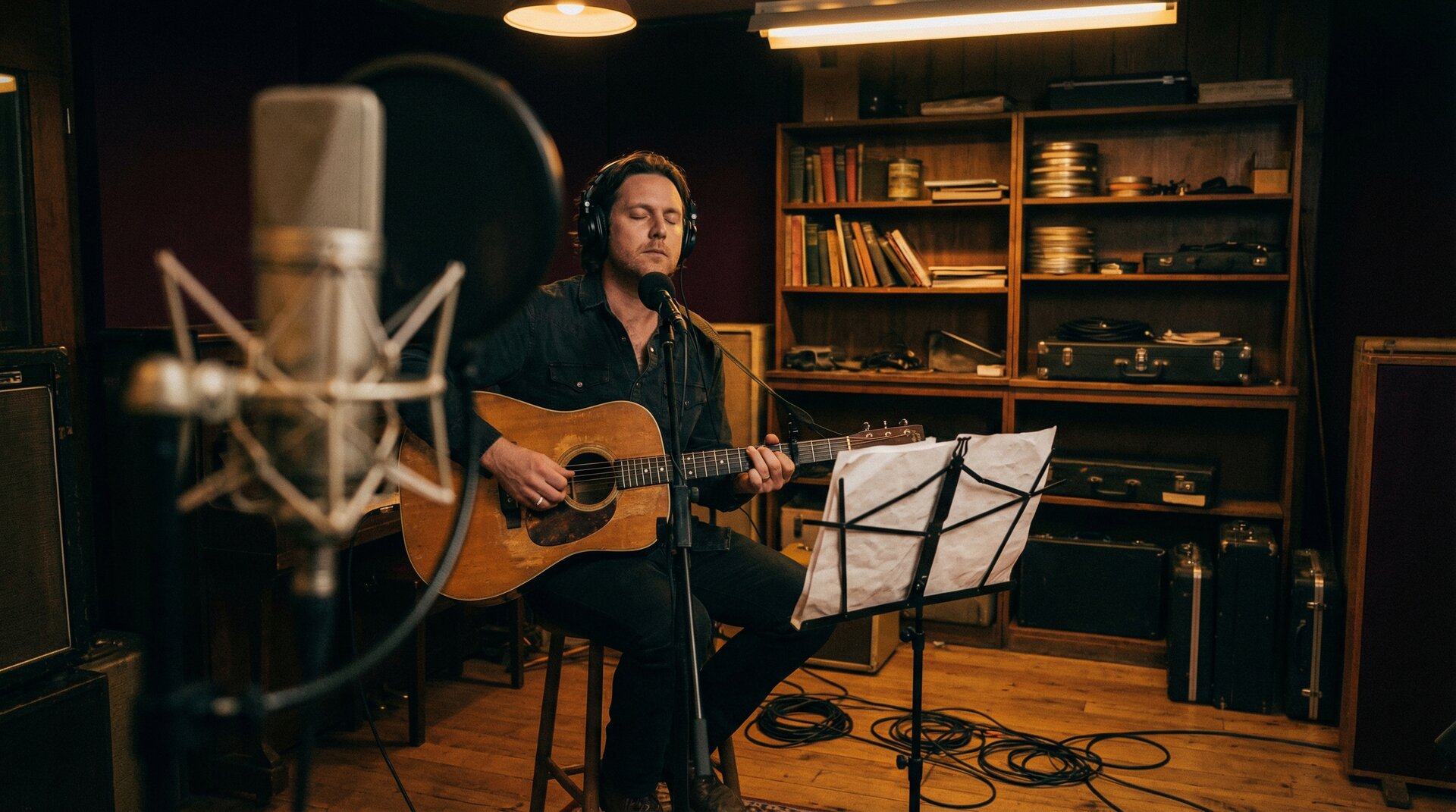 Live music recording session at Blue Oak Studios with professional microphones and atmospheric lighting