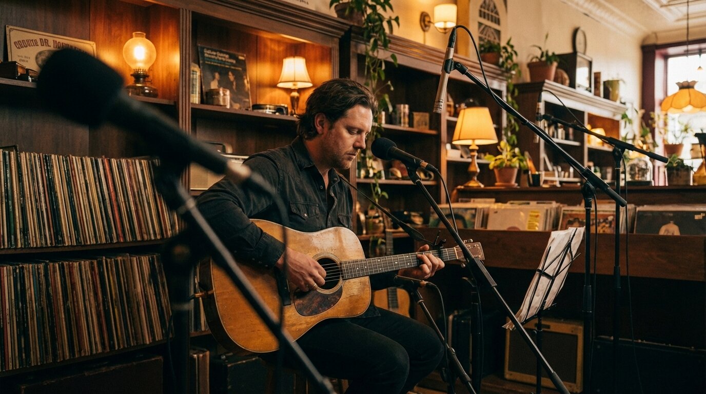 Intimate live performance atmosphere at Secret Sounds venue, warm stage lighting in a vintage mercantile space