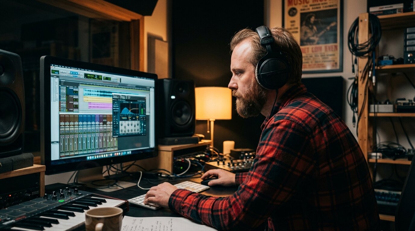 Audio engineer mixing at workstation with monitors and DAW