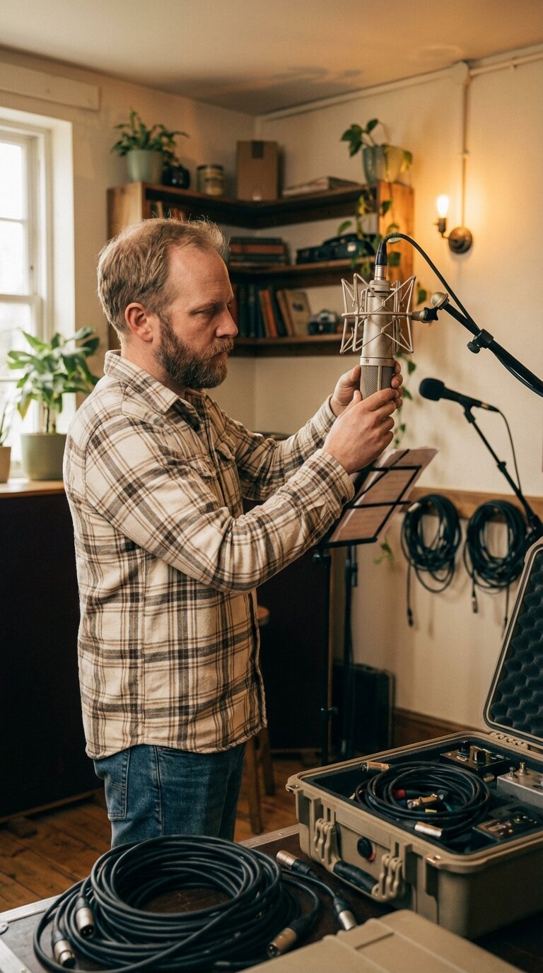 Audio engineer setting up recording equipment on location
