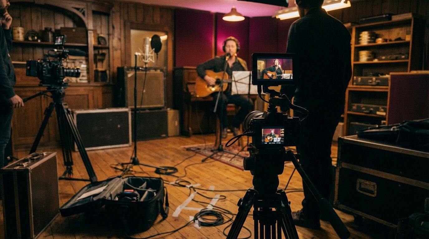 Multi-camera video production setup for live music recording